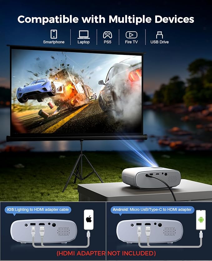 Mini-Projektor für iPhone, ELEPHAS 2025, aktualisierter 1080p HD, tragbarer 8000-Liter-Projektor mit Stativ