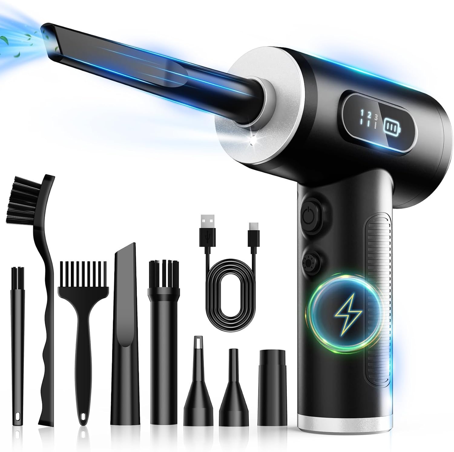 Druckluft-Staubwedel – 3 Gänge, einstellbar, 100.000 U/min, elektrischer Druckluft-Staubwedel mit LED-Licht
