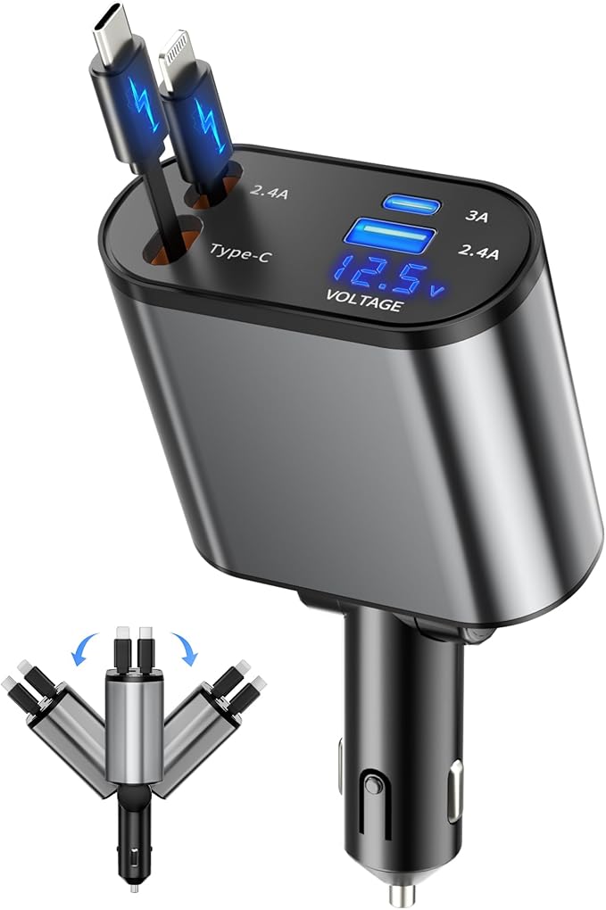 Einziehbares Autoladegerät, 4-in-1 USB-C und USB-A Autoladegerät