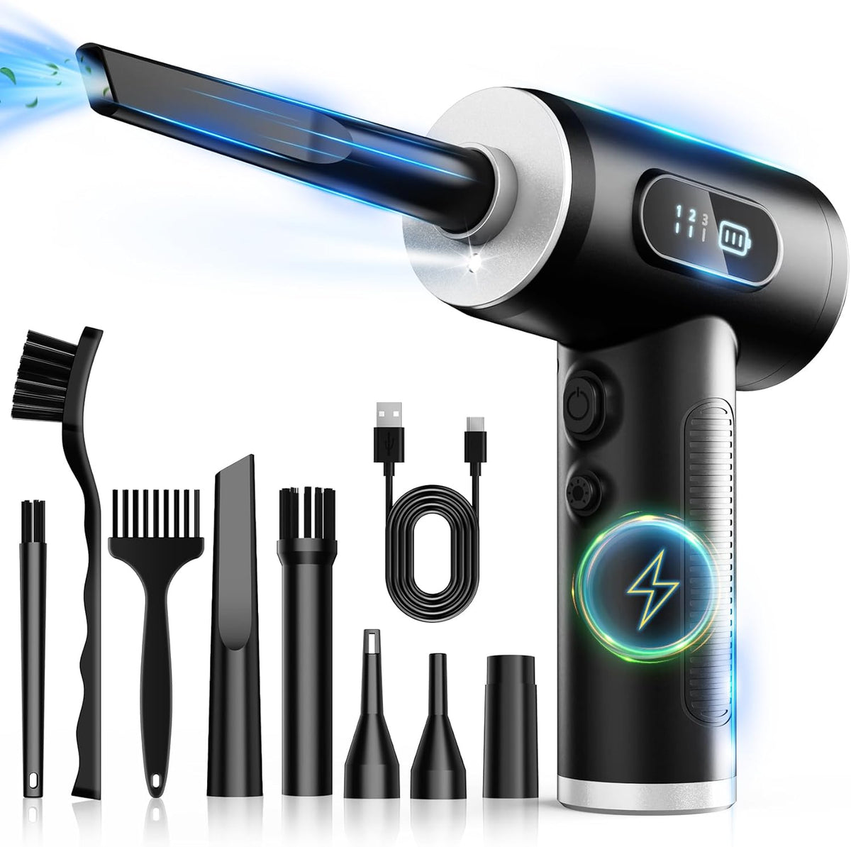 Druckluft-Staubwedel – 3 Gänge, einstellbar, 100.000 U/min, elektrischer Druckluft-Staubwedel mit LED-Licht